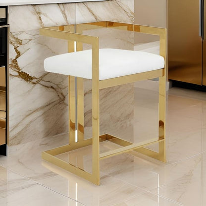 Suki 26 Inch Counter Height Chair, White Faux Leather, Gold Cantilever Base