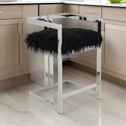 Suki 26 Inch Counter Stool Chair, Black Faux Fur, Silver Stainless Steel