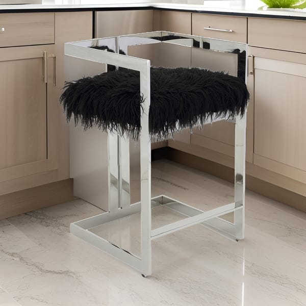 Suki 26 Inch Counter Stool Chair, Faux Fur, Silver Stainless Steel – Black