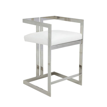 Suki 26 Inch Counter Stool Chair, White Faux Leather, Stainless Steel