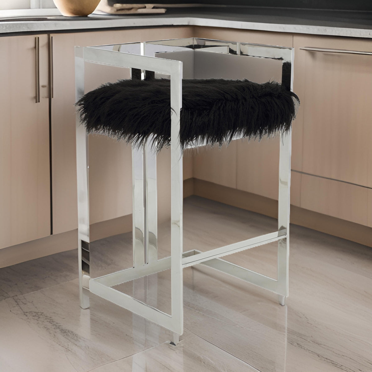 Suki 30 Inch Barstool Chair, Cushioned Black Faux Fur, Silver Cantilever