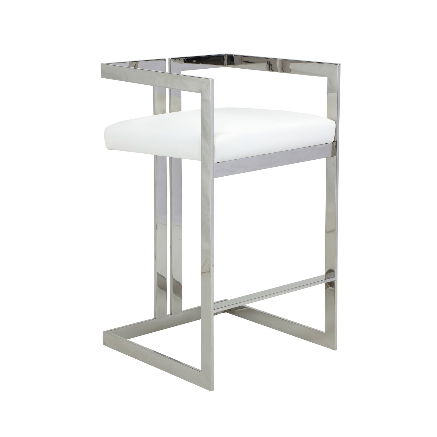 Suki 30 Inch Barstool Chair, Black Faux Leather, Silver Stainless Steel