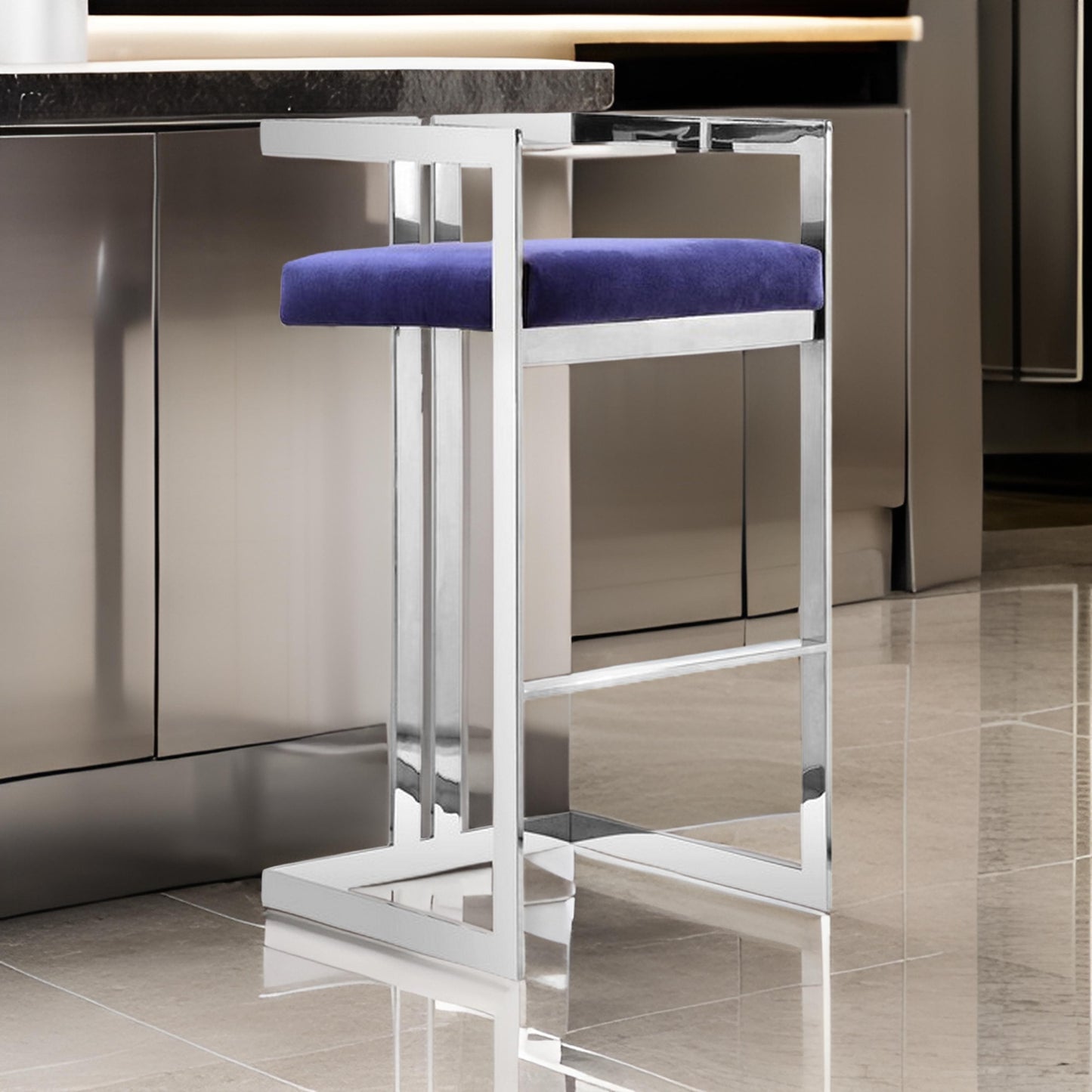 Suki 30 Inch Cantilever Barstool Chair, Foam Navy Blue Velvet, Silver Frame