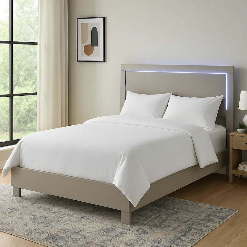 Suni King Size Bed w LED Headboard, Light Taupe Gray Wood Frame
