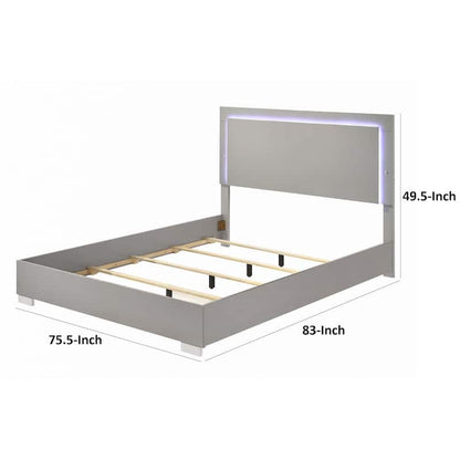 Suni Queen Size Bed w LED Headboard, Light Taupe Gray Wood Frame