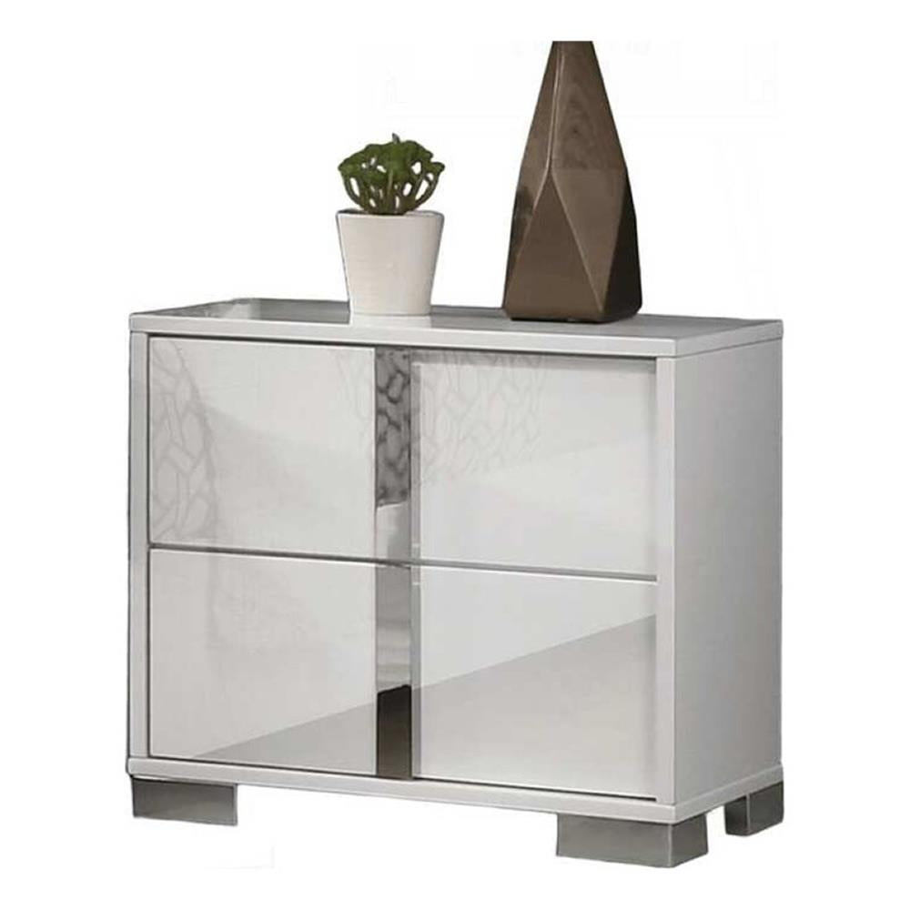 Suni Nightstand, Glossy White Wood with UV Finish, 2 Drawers, 24 Inch