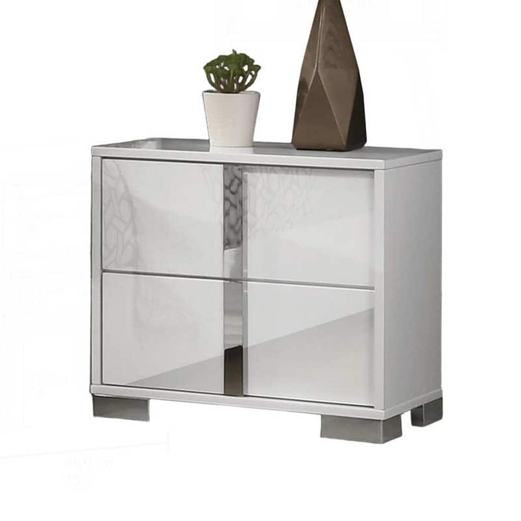Suni Nightstand, Glossy White Wood with UV Finish, 2 Drawers, 24 Inch