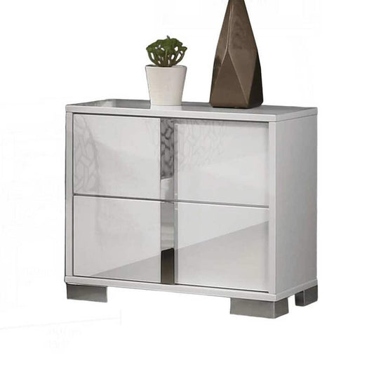 Suni Nightstand, Glossy White Wood with UV Finish, 2 Drawers, 24 Inch