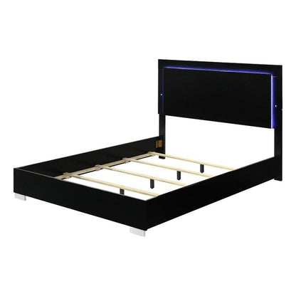 Suni Queen Size Bed w LED Headboard, Piano Black Wood Frame