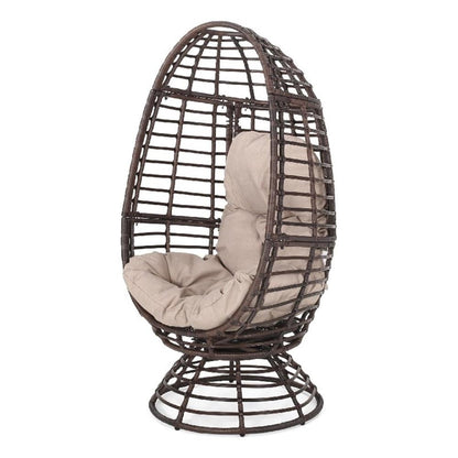 Swivel Outdoor Egg Chair, Brown PE Woven Rattan, Iron, Beige Polyester
