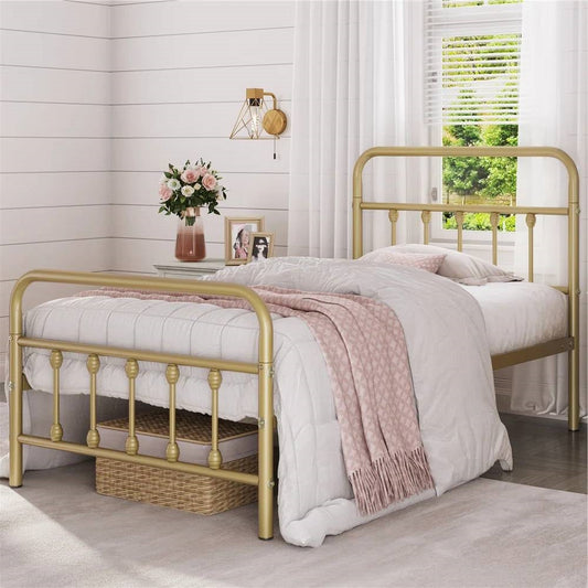 Twin Vintage Antique Gold Metal Platform Bed with Headboard and Footboard