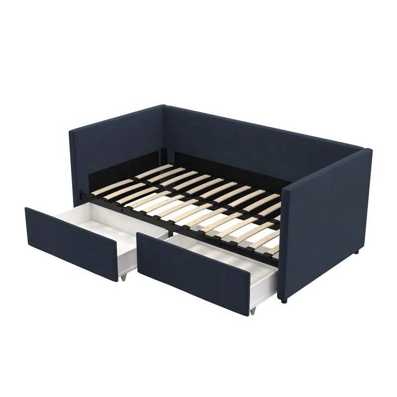 Navy Blue Linen Upholstered Daybed with Pull-Out Storage Drawers — Chic Home-Decor