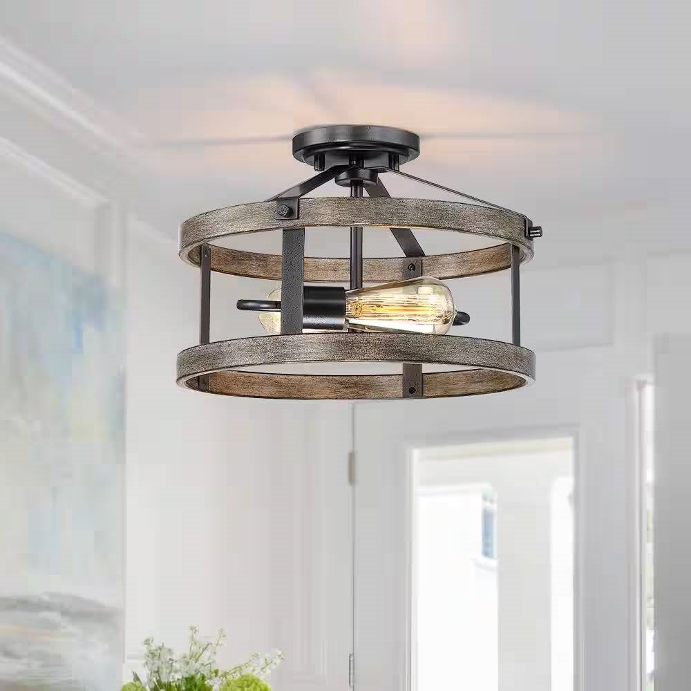Round 12-inch Ceiling Light with Rattan Bamboo Drum Shade - Semi Flush Mount