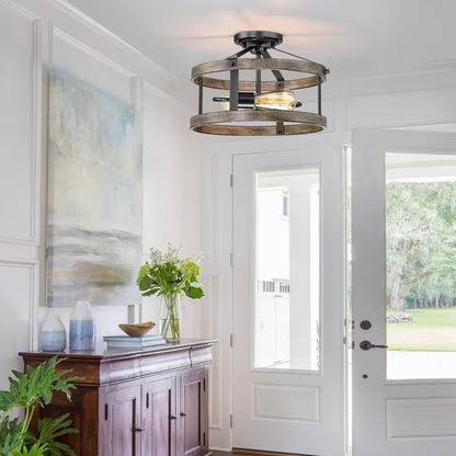 Round 12-inch Ceiling Light with Rattan Bamboo Drum Shade - Semi Flush Mount