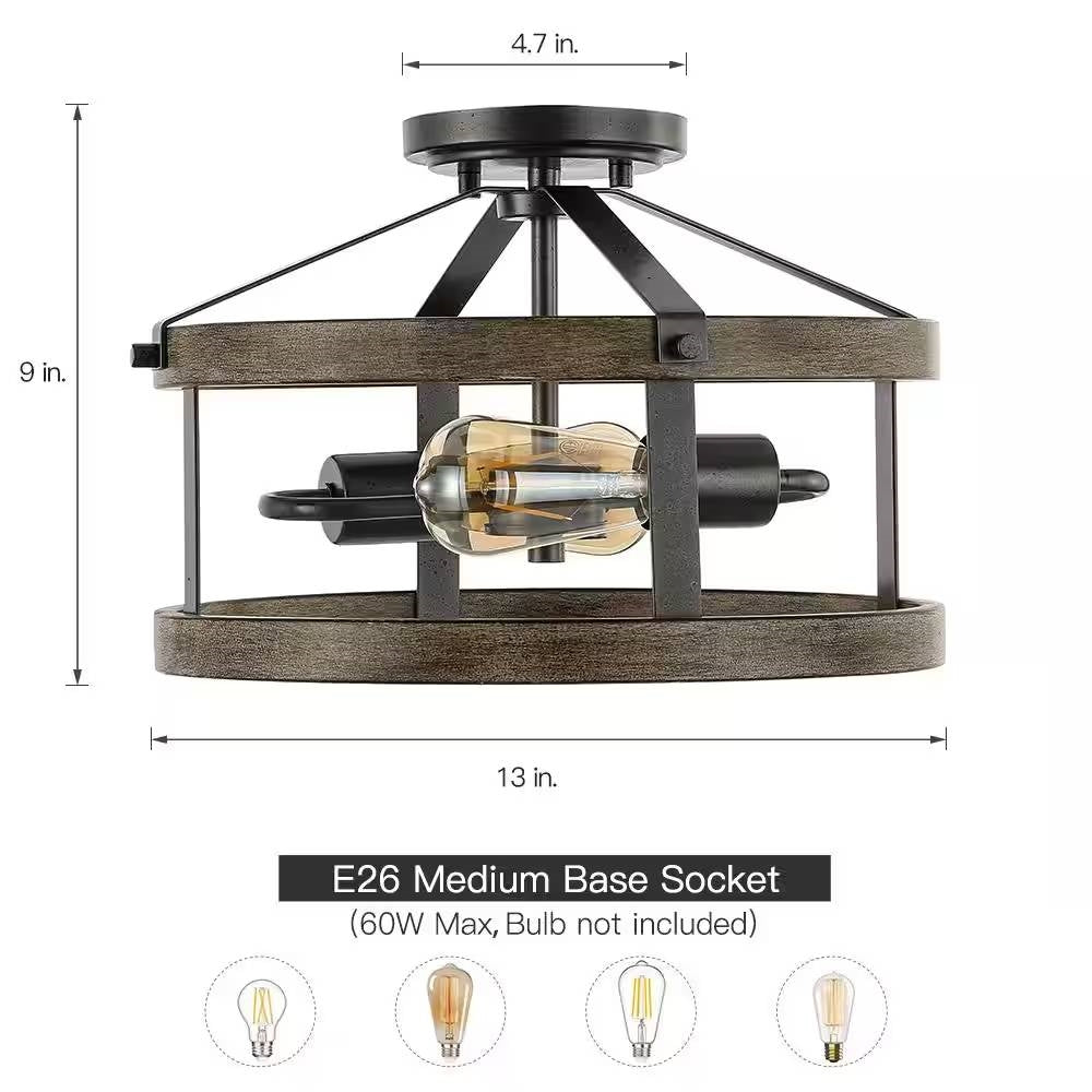Round 12-inch Ceiling Light with Rattan Bamboo Drum Shade - Semi Flush Mount