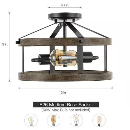 Round 12-inch Ceiling Light with Rattan Bamboo Drum Shade - Semi Flush Mount
