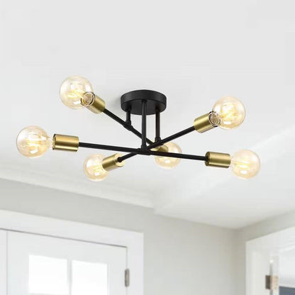 Mid-Century Sputnik Style 6-Light Black Gold Ceiling Light - Semi Flush Mount