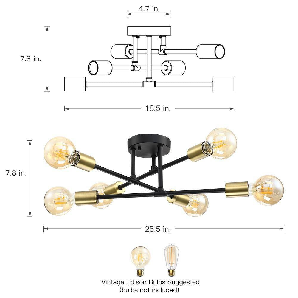Mid-Century Sputnik Style 6-Light Black Gold Ceiling Light - Semi Flush Mount