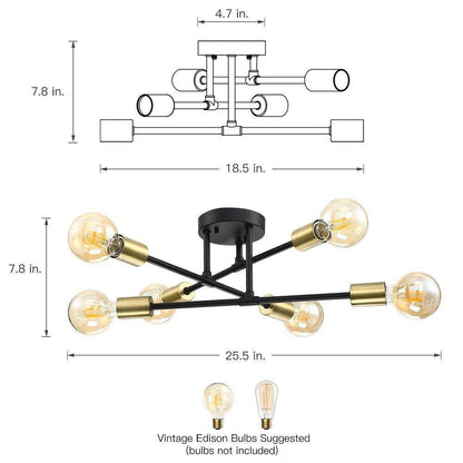 Mid-Century Sputnik Style 6-Light Black Gold Ceiling Light - Semi Flush Mount