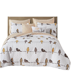 King size Yellow Brown Grey Floral Birds On Wire Lightweight 7 Piece Quilt Set — Chic Home-Decor