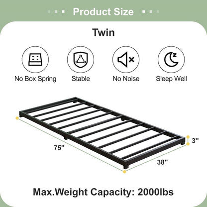 Twin size 3-inch Low Profile Heavy Duty Metal Bed Frame in Matte Black