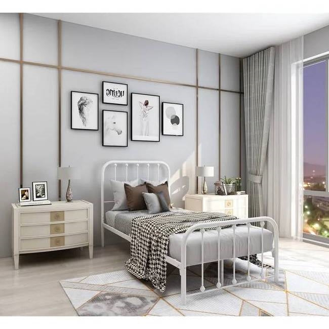 Twin White Metal Bed Frame with Slatted Rounded Corners Headboard and Footboard — Chic Home-Decor