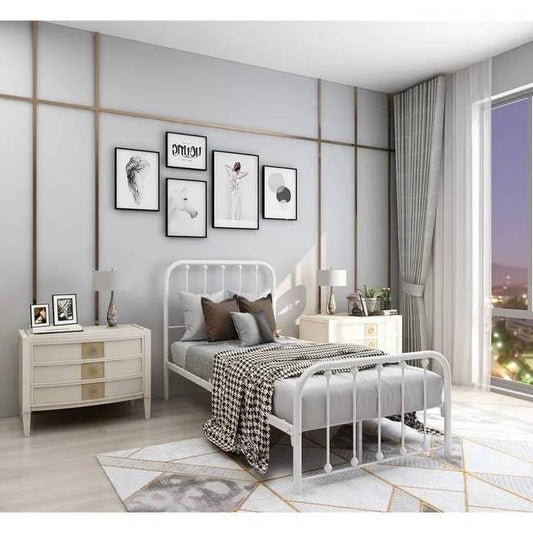 Twin White Metal Bed Frame with Slatted Rounded Corners Headboard and Footboard — Chic Home-Decor