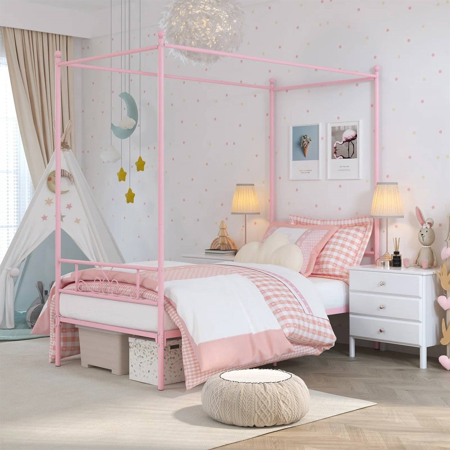 Twin size French Country Style Four Poster Metal Canopy Bed in Pink Finish — Chic Home-Decor