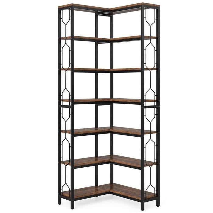 Industrial 7-Tier Metal/Wood Corner Bookcase in Black/Brown