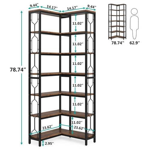 Industrial 7-Tier Metal/Wood Corner Bookcase in Black/Brown