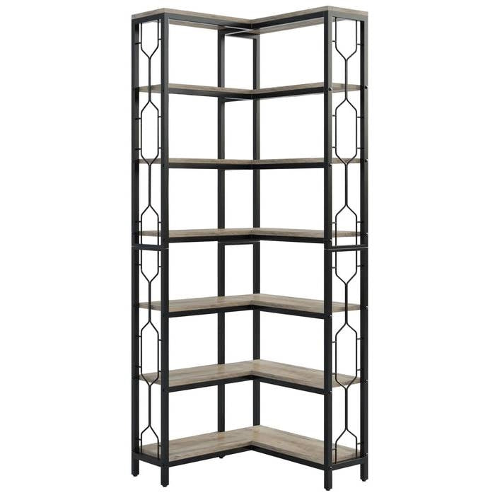 Industrial 7-Tier Metal/Wood Corner Bookcase Black/Grey