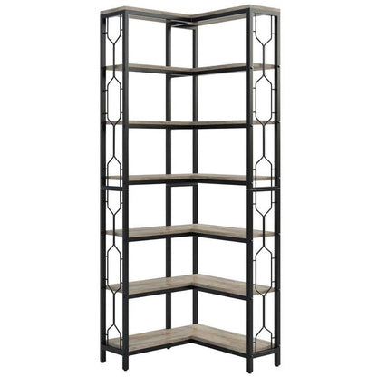 Industrial 7-Tier Metal/Wood Corner Bookcase Black/Grey
