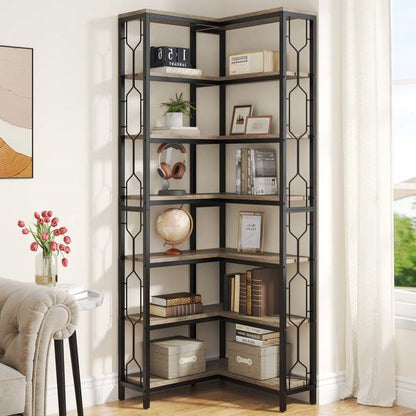 Industrial 7-Tier Metal/Wood Corner Bookcase Black/Grey