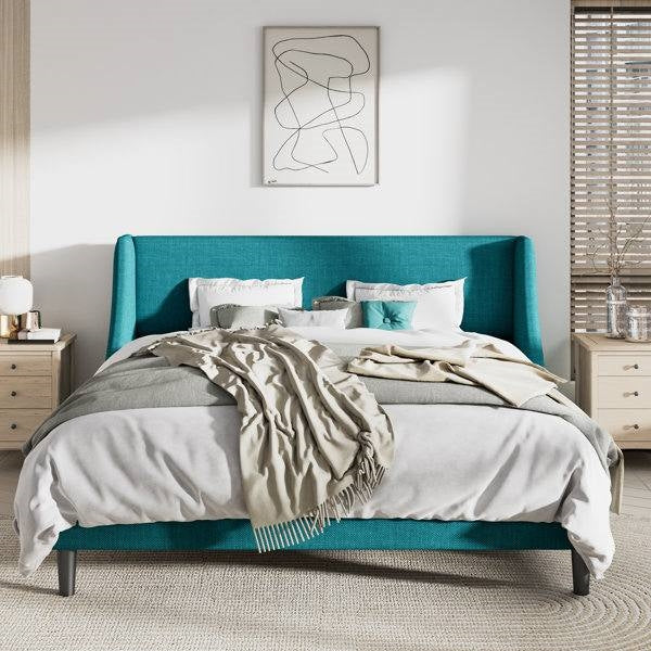 King Size Upholstered Linen Blend Headboard Wingback Platform Bed in Turquoise — Chic Home-Decor