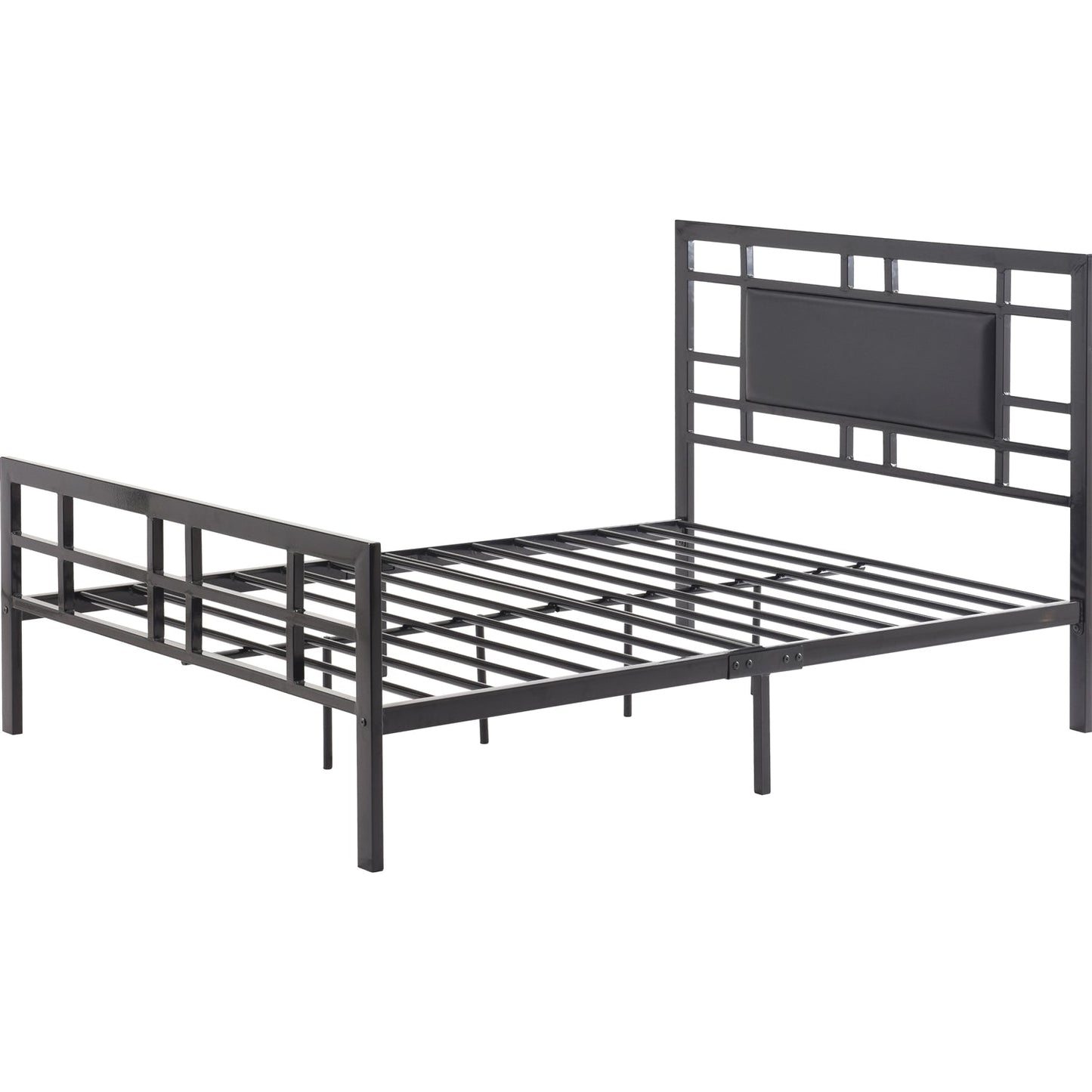 Twin Metal Platform Bed Frame with Black Upholstered Center Panel Headboard