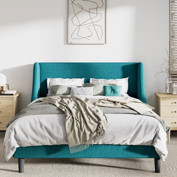 Queen Size Turquoise Linen Blend Upholstered Platform Bed with Wingback Headboard — Chic Home-Decor