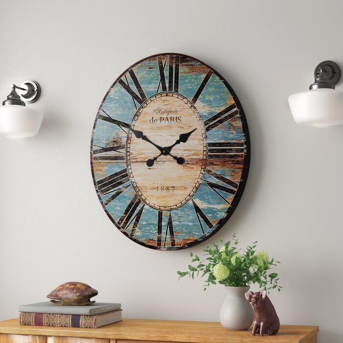 Turquoise Oversized Distressed Paris Wood Wall Clock — Chic Home-Decor
