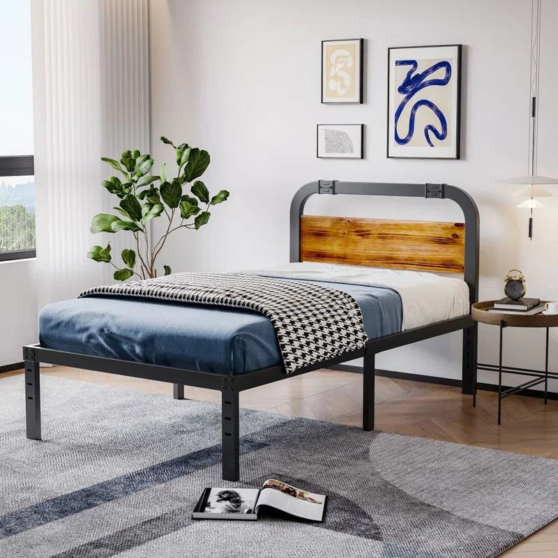 Twin size Heavy Duty Black Metal Bed Frame with Solid Wood Panel Headboard
