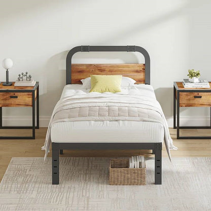Twin size Heavy Duty Black Metal Bed Frame with Solid Wood Panel Headboard