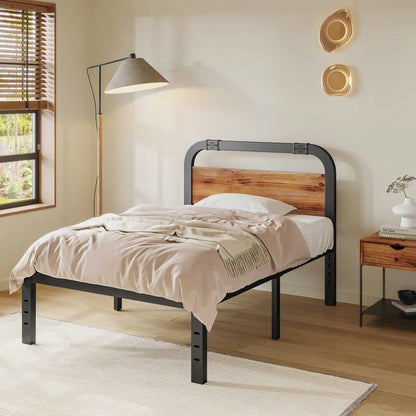 Twin size Heavy Duty Black Metal Bed Frame with Solid Wood Panel Headboard