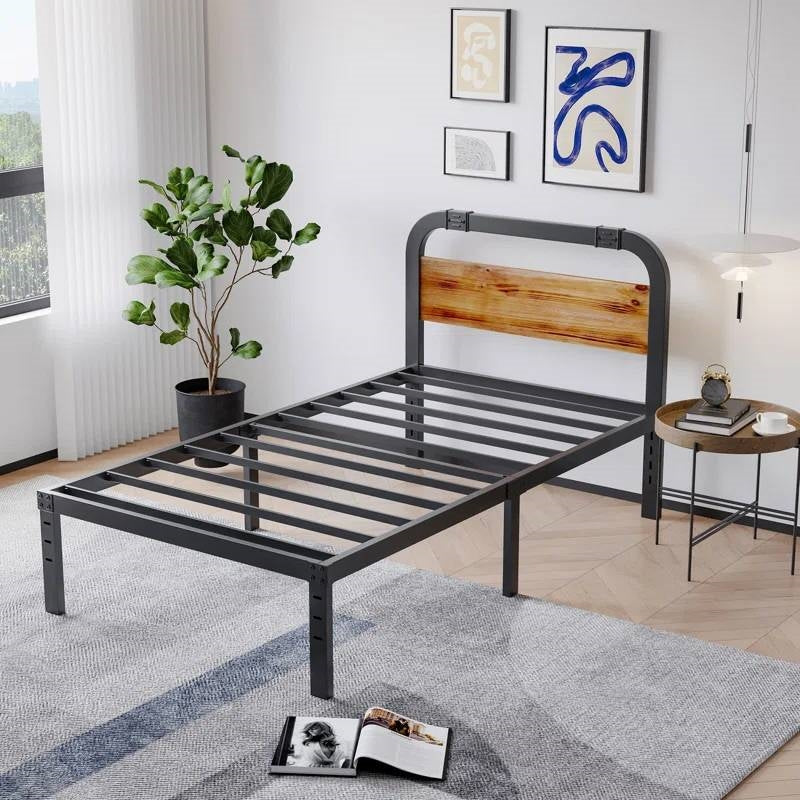 Twin size Heavy Duty Black Metal Bed Frame with Solid Wood Panel Headboard