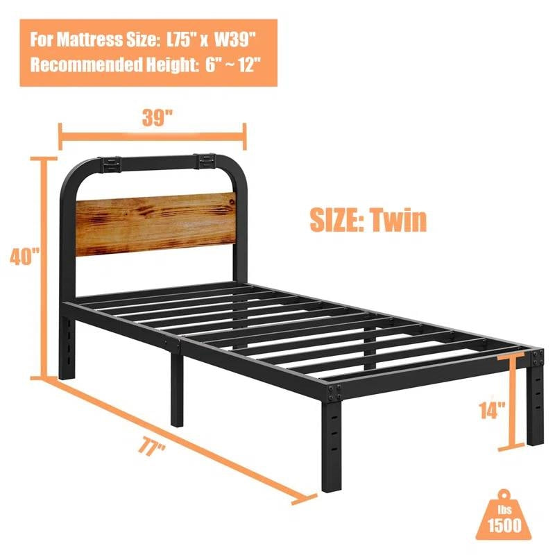 Twin size Heavy Duty Black Metal Bed Frame with Solid Wood Panel Headboard