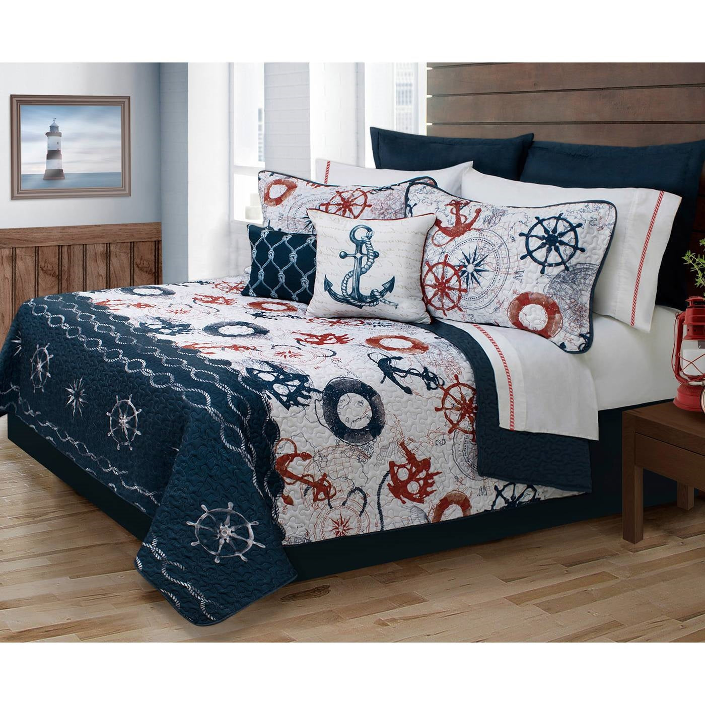 Twin Size Modern Coastal Anchor Polyester Reversible Quilt Set — Chic Home-Decor