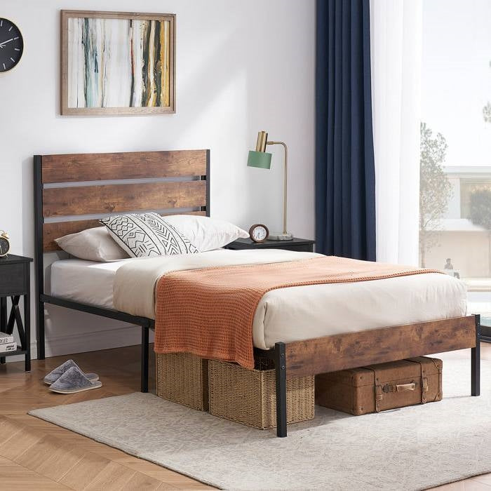 Twin Industrial Platform Bed Frame with Brown Wood Slatted Headboard Footboard — Chic Home-Decor