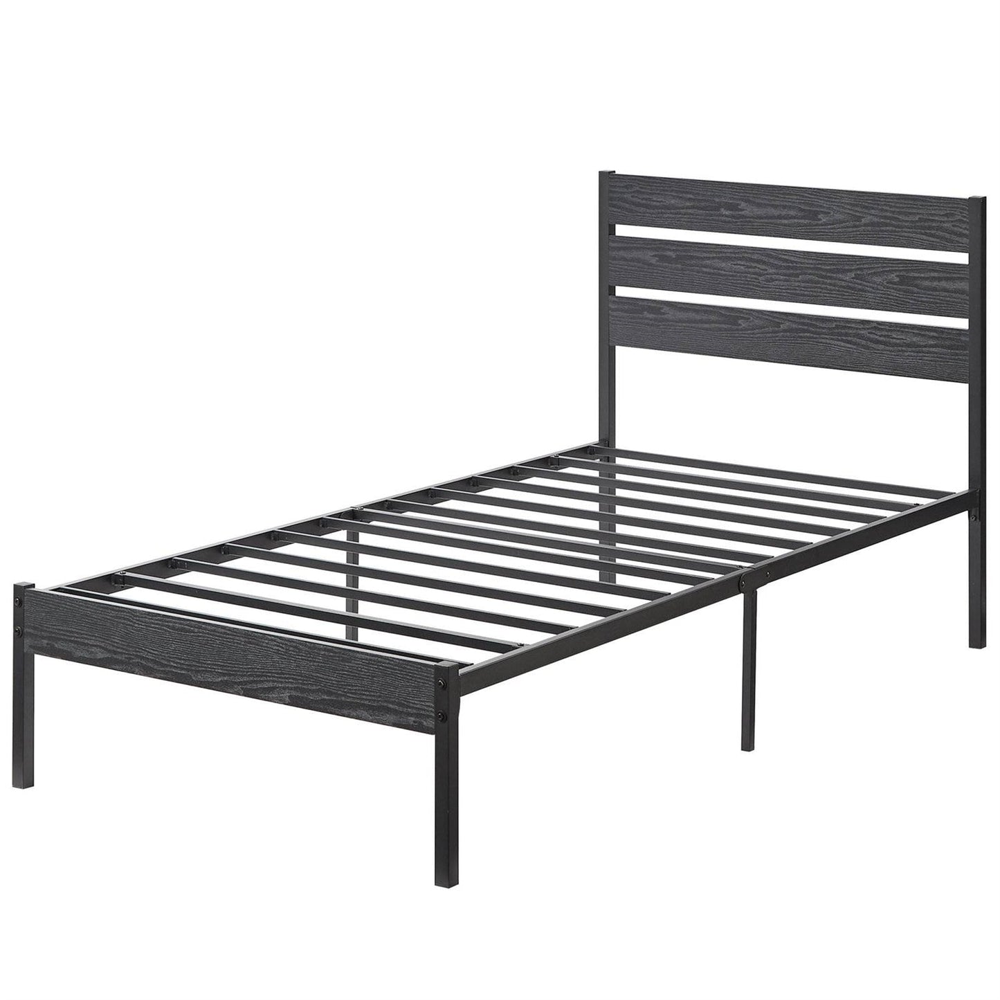 Twin size Industrial Platform Bed Frame with Wood Slatted Headboard in Black — Chic Home-Decor