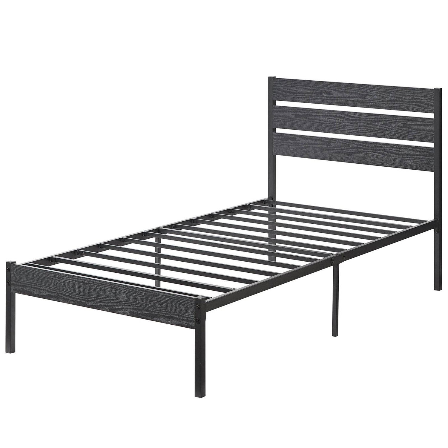Twin size Industrial Platform Bed Frame with Wood Slatted Headboard in Black — Chic Home-Decor