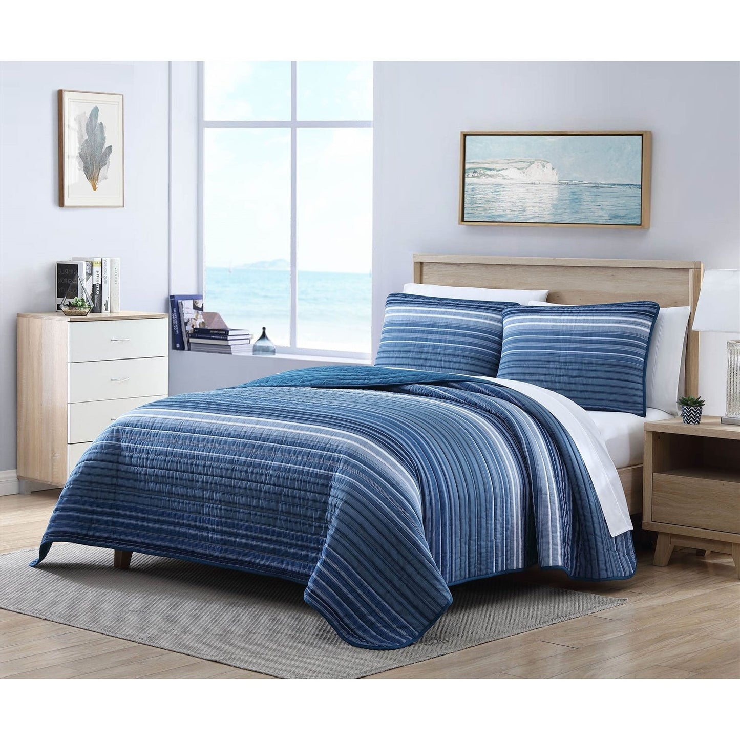 Twin Size Coastal Blue Stripe Reversible  Cotton Quilt Set — Chic Home-Decor