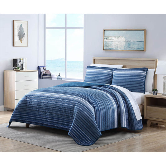Twin Size Coastal Blue Stripe Reversible  Cotton Quilt Set — Chic Home-Decor