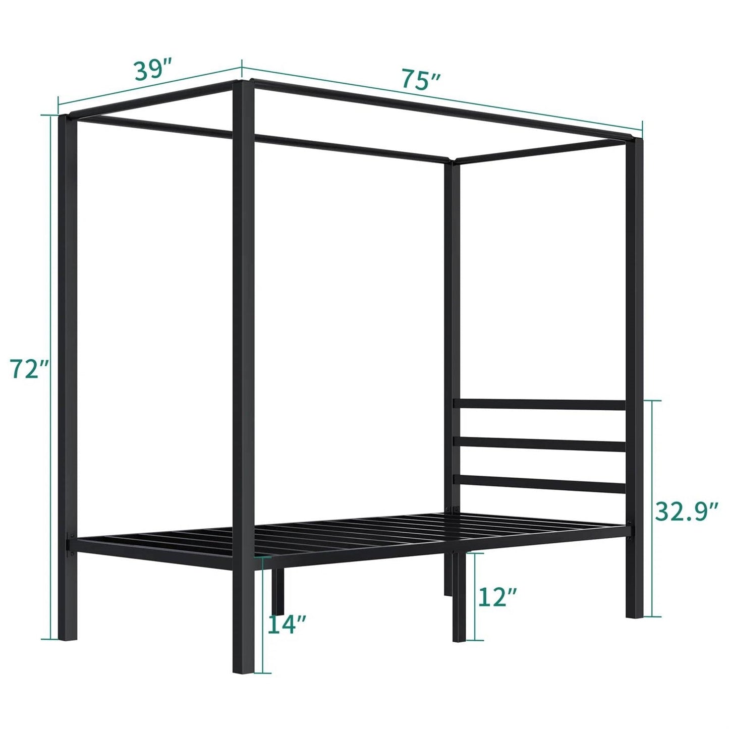 Twin size Modern Four Poster Metal Canopy Bed in Black Finish