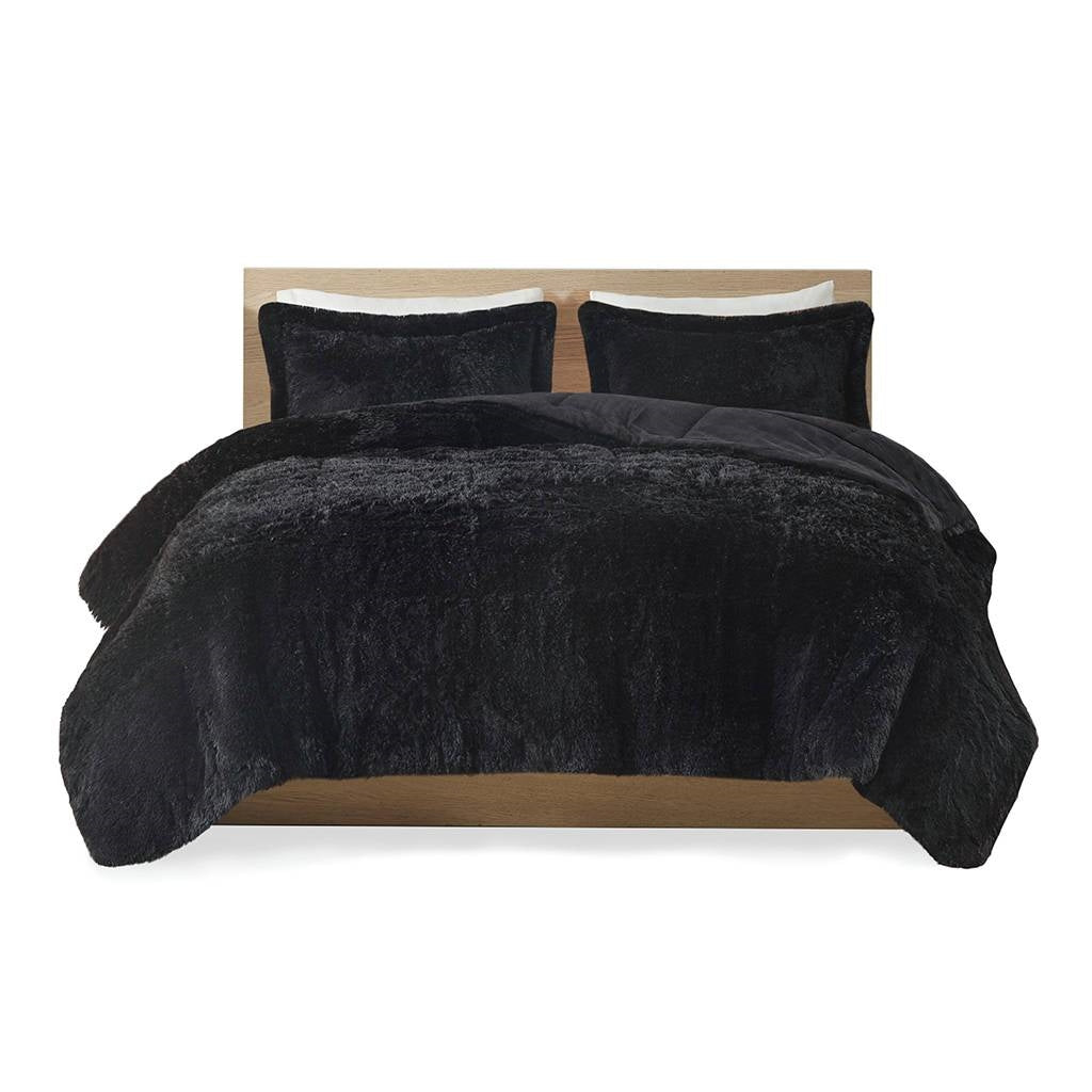 Twin/Twin XL Black Soft Sherpa Faux Fur 2-Piece Comforter Set with Shams — Chic Home-Decor